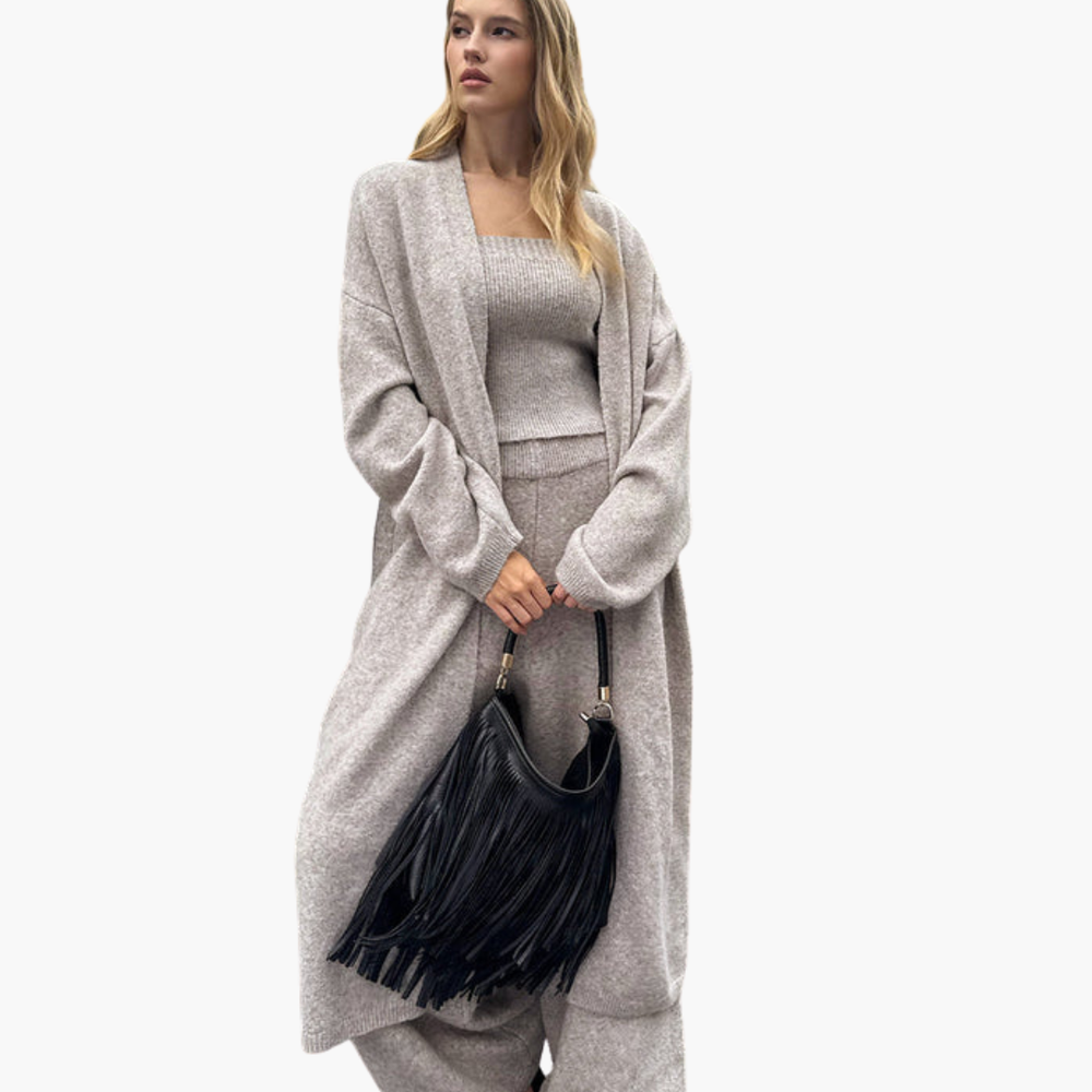 Ensemble Tricot à Trois Pièces avec Bustier, Cardigan Long et Pantalon pour Femmes