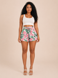 Short à Motif Floral avec Taille Haute Froncée pour Femmes