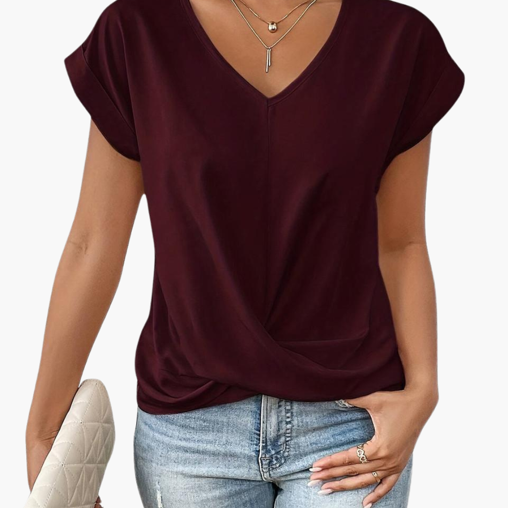 T-shirt à Encolure en V avec Avant Drapé pour Femmes
