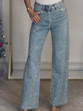 Jean large taille haute en denim avec ornements réfléchissants pour Femmes