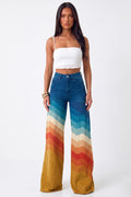 Jean taille haute à jambe large avec motif chevron multicolore pour femmes